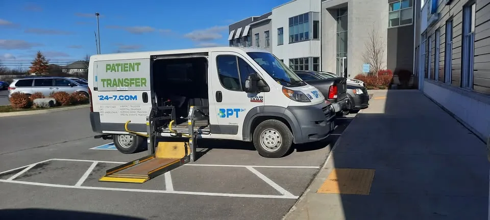 BPT24-7 wheelchair-accessible van with side-lift ramp deployed for BRODA reclining wheelchair loading in Ottawa