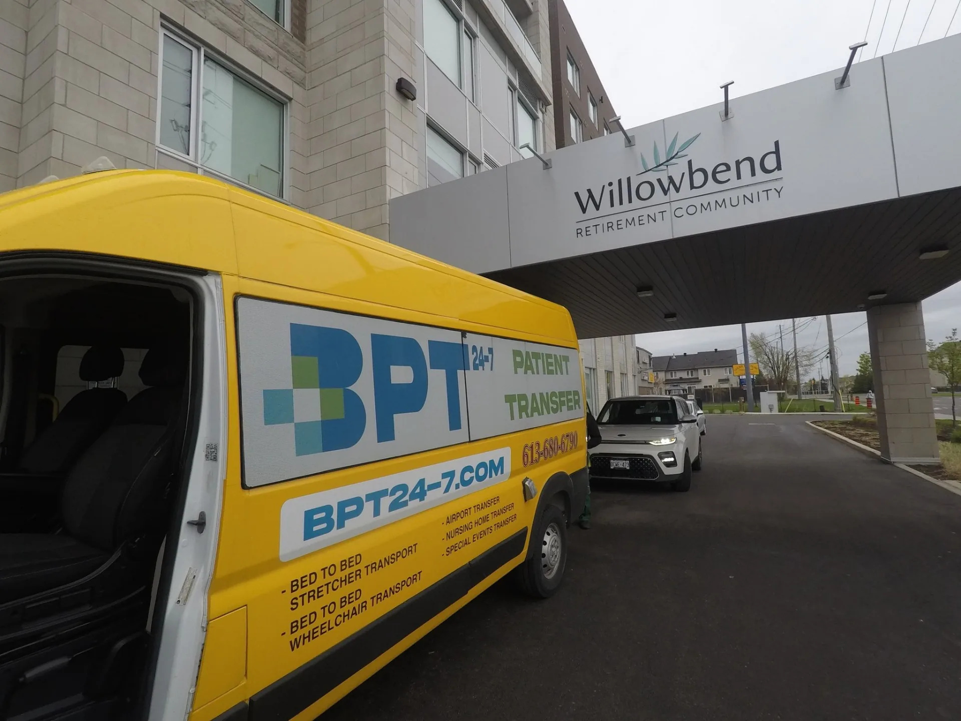 BPT24-7 patient transfer van at Willowbend Retirement Community in Ottawa, picking up a senior resident