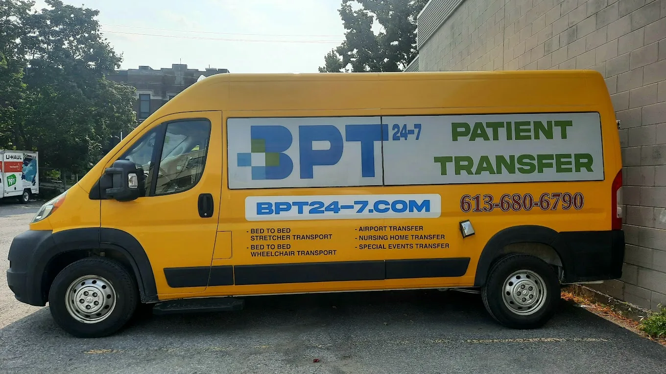 BPT24-7 yellow stretcher transport van in Ottawa — fully equipped for bed-to-bed non-emergency stretcher and wheelchair transfers